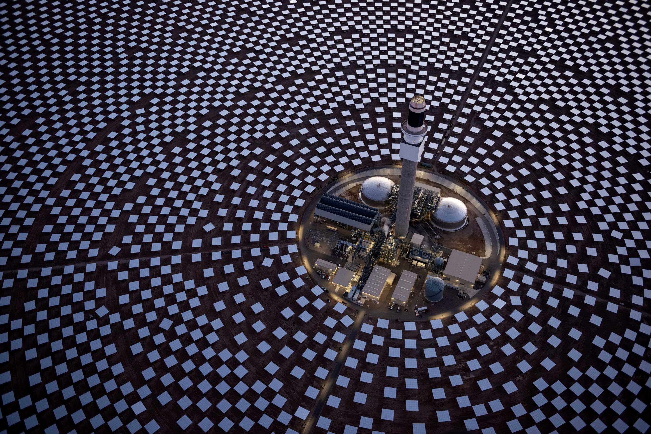 Power block of the Crescent Dunes Solar concentrated solar power plant near Tonopah, Nevada, USA, aerial photo